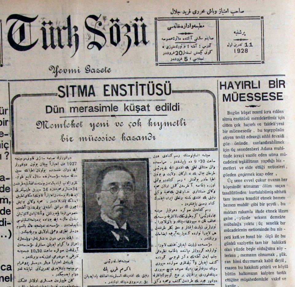 Sıtma Savaş Enstitüsü'nün Türk Sözü Gazetesi'ndeki açılış haberi (1928)